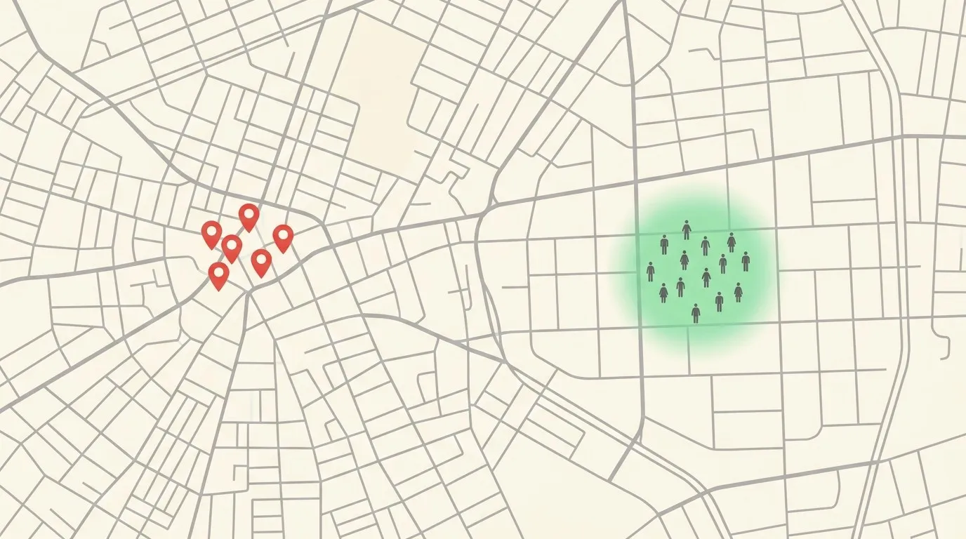 Mapa de ciudad segmentado por zonas demográficas para geomarketing