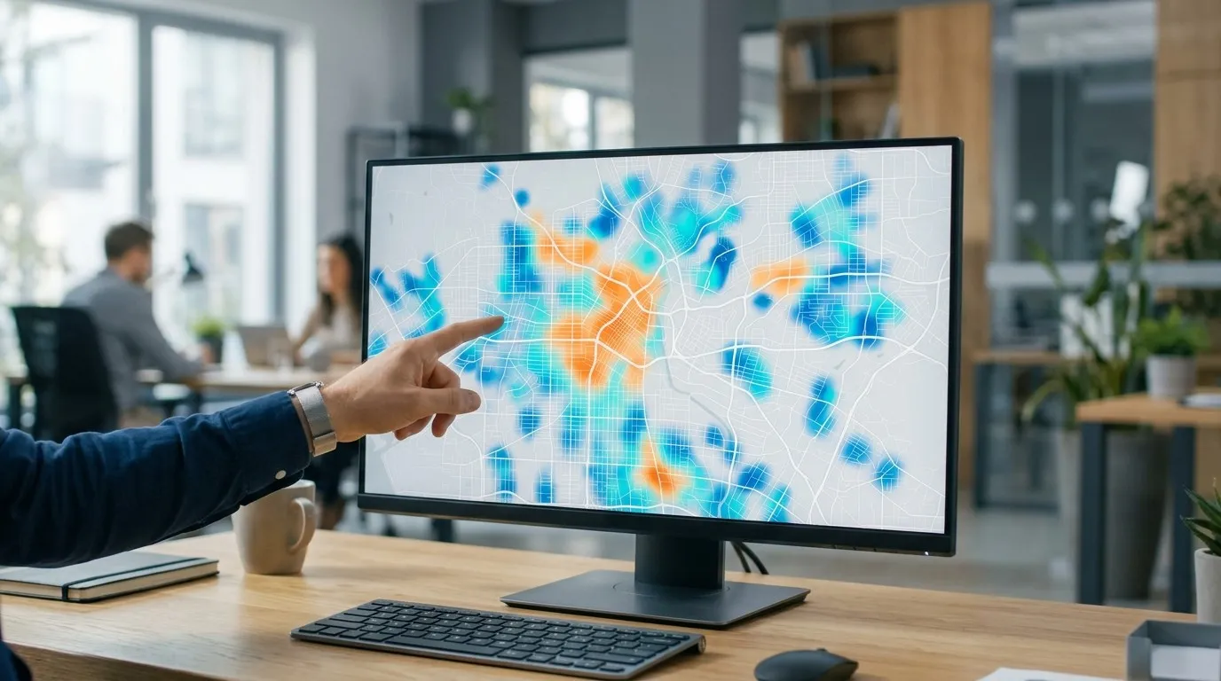 Mapa de ciudad segmentado por zonas demográficas para geomarketing