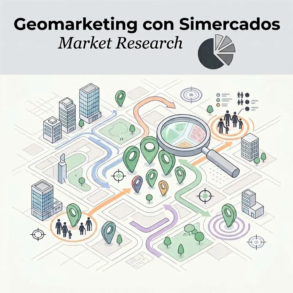 Infografía de geomarketing SIMercados mostrando análisis de zonas, ubicaciones y perfil de población para decisión de negocio