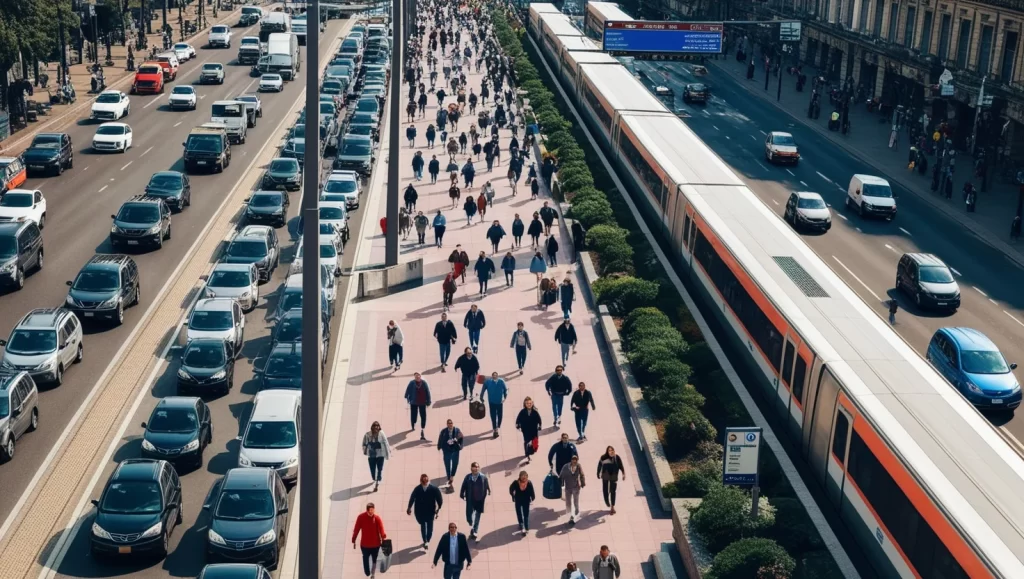 Imagen de una avenida con tráfico pesado junto a una estación de metro, representando los retos y soluciones de movilidad.