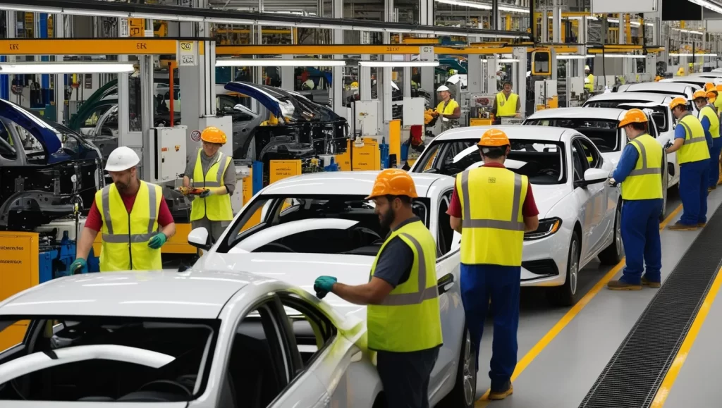 rabajadores en una línea de ensamblaje automotriz operando maquinaria y ajustando detalles en vehículos, destacando procesos de manufactura optimizados