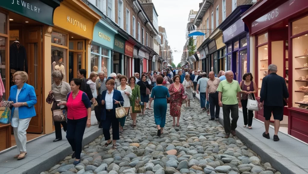 Zona comercial concurrida con varias personas