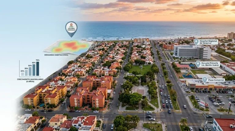 Vista aérea de una colonia junto al mar con demanda habitacional y crecimiento inmobiliario, una de las mejores colonias para invertir en Veracruz
