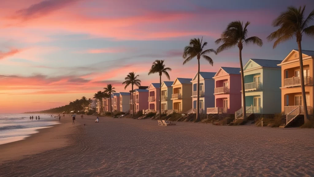 Una fotografía de una playa en Veracruz al atardecer, con casas o departamentos en el horizonte, destacando el ambiente tranquilo y atractivo de la región.