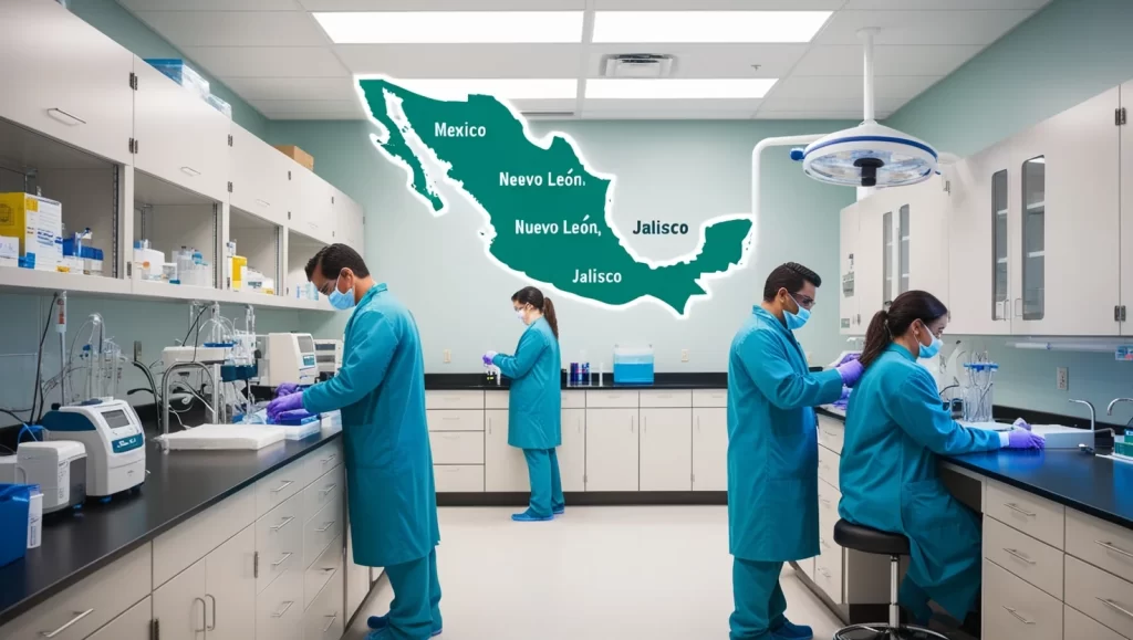 Un laboratorio médico moderno con equipo avanzado, personal trabajando y un fondo que muestre un mapa geoespacial