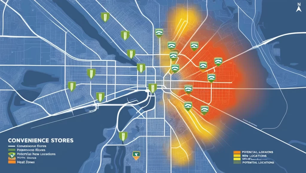 Una representación gráfica de un mapa urbano con marcadores para tiendas de conveniencia existentes y zonas destacadas como oportunidades potenciales.