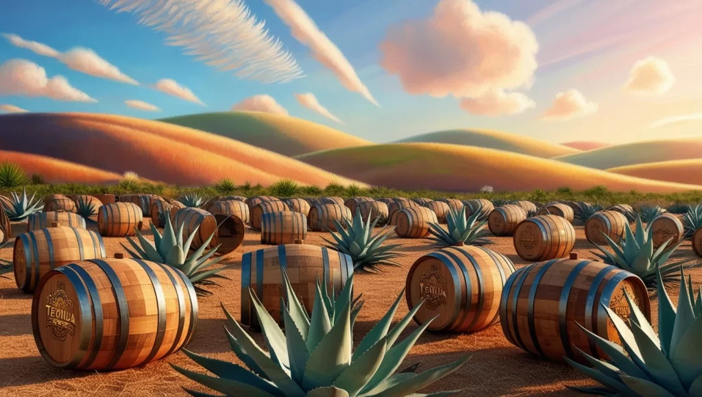 Un campo de agave estilizado con tonos cálidos, al atardecer. En el fondo, barriles de tequila y un paisaje abstracto de colinas y cielos dorados.