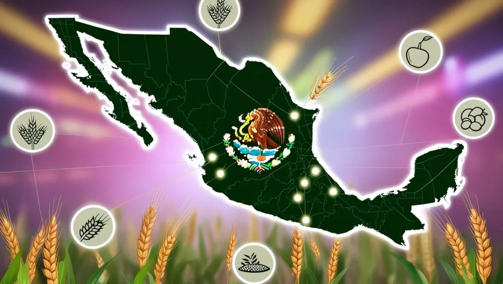 Una representación abstracta de un mapa de México con puntos brillantes que destacan en las áreas de los estados mencionados. Alrededor del mapa, hay íconos relacionados con alimentos, como trigo, frutas, y granos.