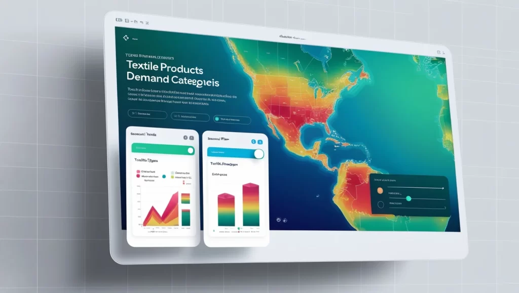 Una ilustración de una interfaz de software que muestra un mapa interactivo con datos geoespaciales sobre la demanda de productos textiles por región.