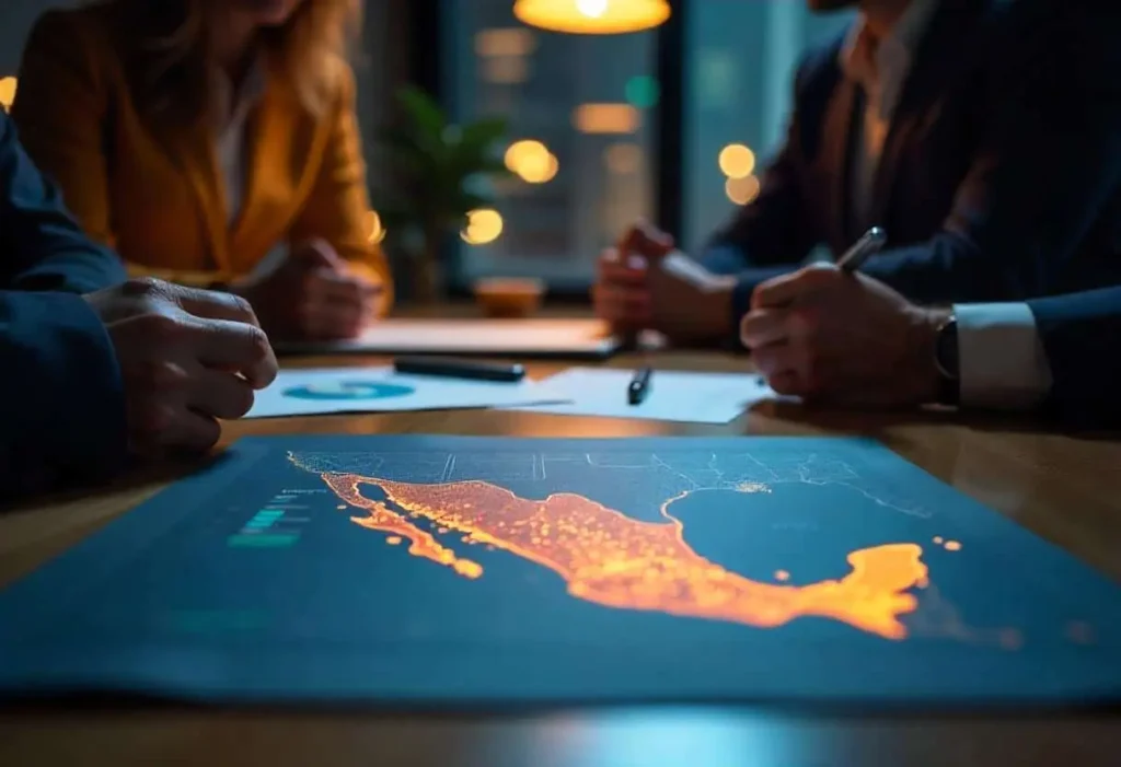 : Equipo empresarial analizando un mapa de México con datos de mercado antes de expandirse o lanzar un nuevo producto.