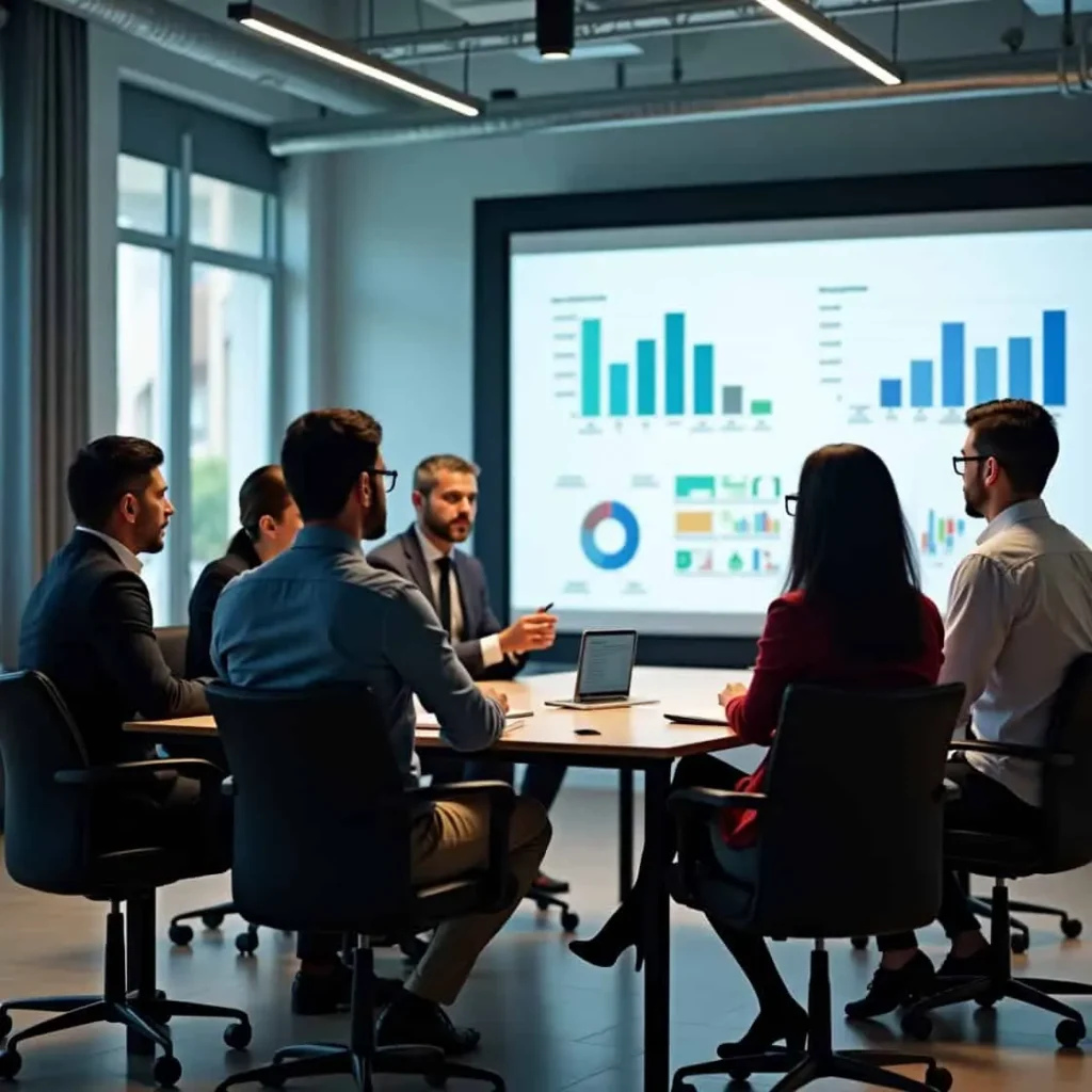 Grupo de especialistas en agencias de investigación de mercados analizando datos y tendencias del consumidor en una oficina moderna.