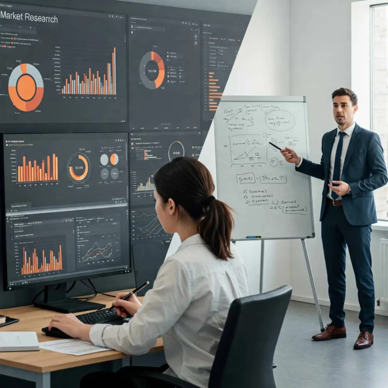 Comparativa visual entre investigadora de mercados y consultor empresarial mostrando sus métodos distintos.