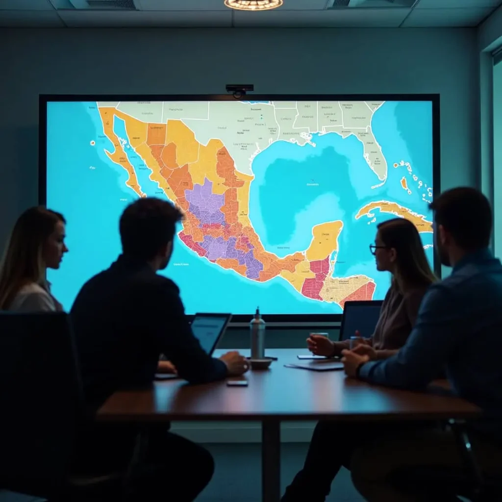 Ejecutivos observan un mapa digital con zonas resaltadas en colores para analizar estrategias de ubicación en México.