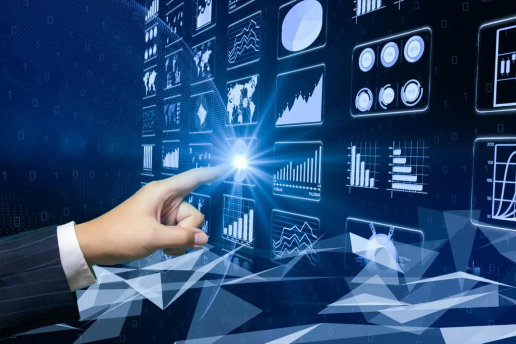 Investigador de mercado utilizando herramientas de big data e inteligencia artificial para analizar datos y obtener insights