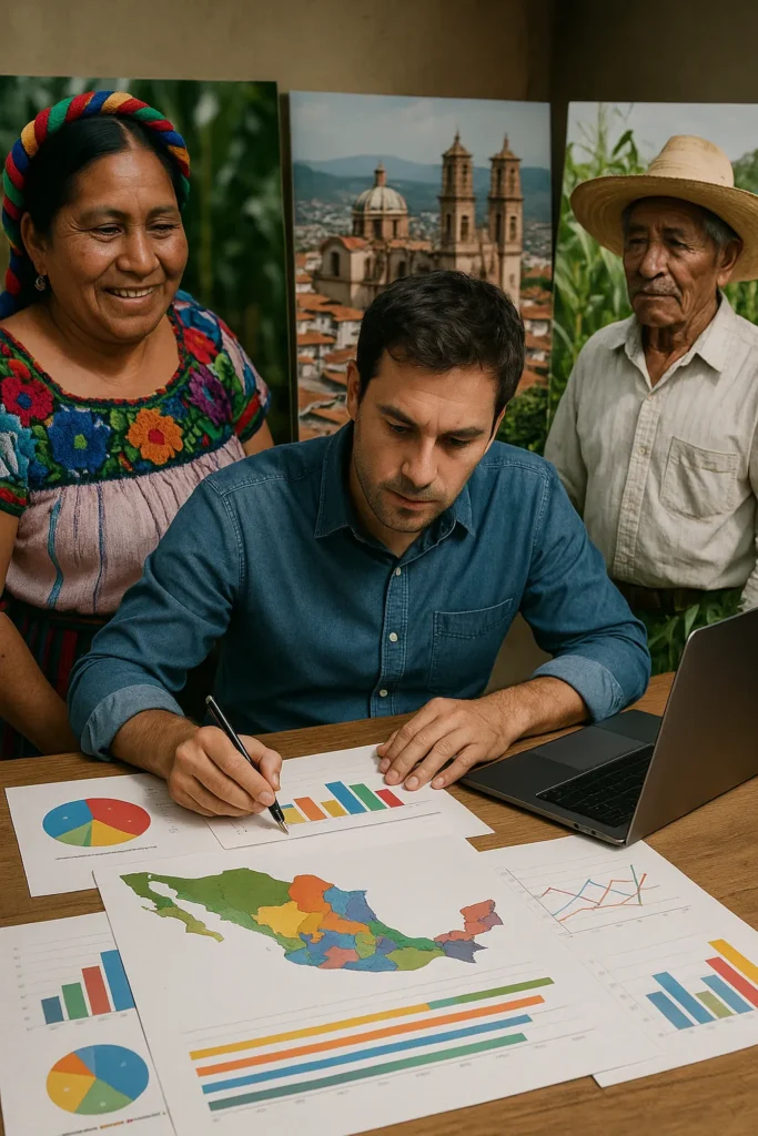 Investigador de mercado analizando datos regionales para adaptar estrategias a la diversidad cultural de México