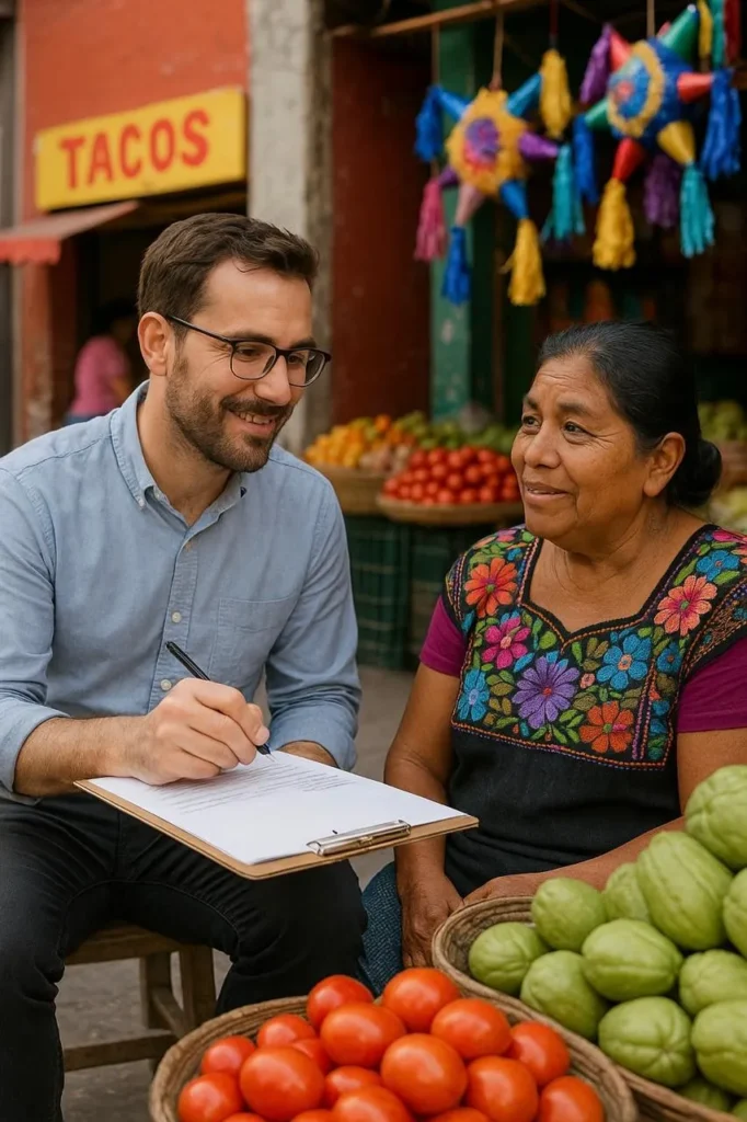 Investigador de mercado realizando encuestas para descubrir preferencias locales en distintas regiones de México