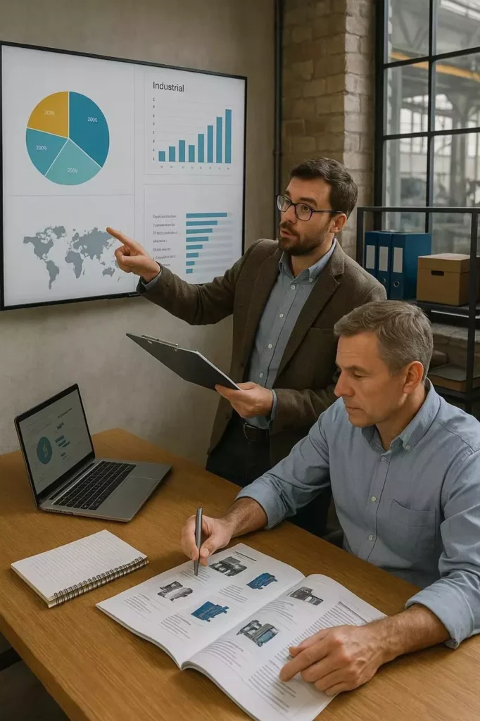 Investigador de mercado midiendo la demanda y rendimiento de productos industriales mediante gráficasMedir la demanda y el rendimiento de productos industriales permite tomar decisiones estratégicas basadas en datos