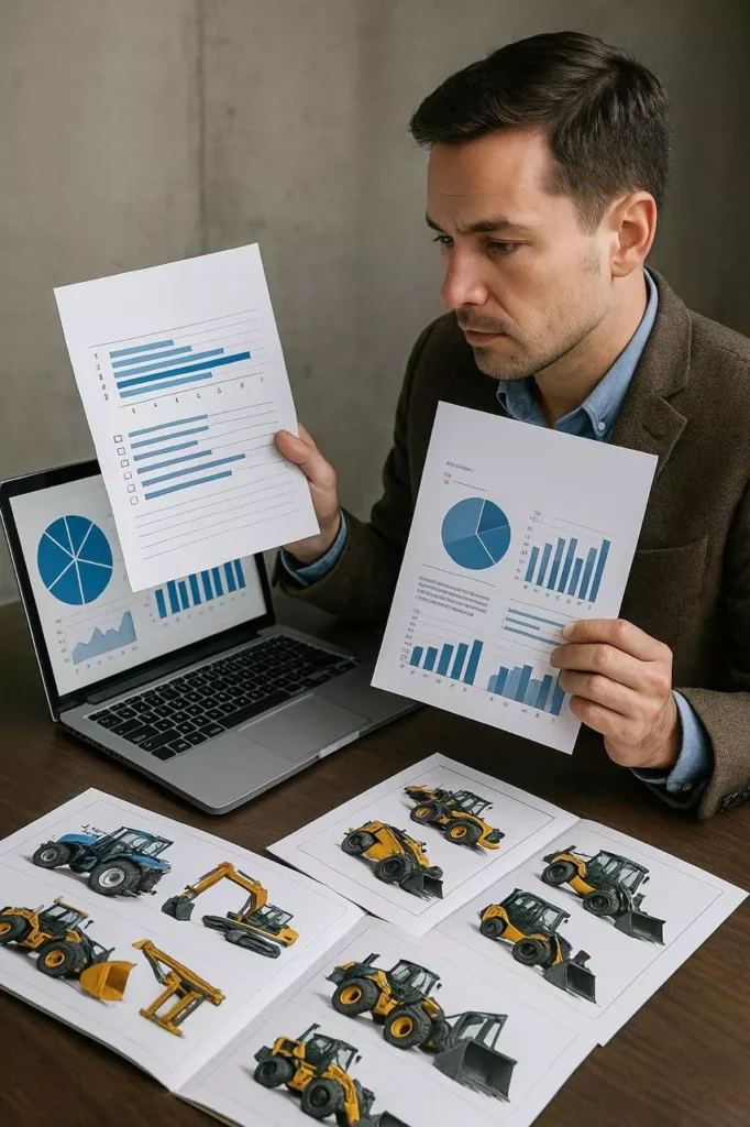 Investigador de mercado elaborando estrategias personalizadas basado en gráficas y revistas industriales sobre la mesa