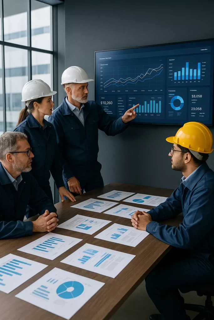 Investigadores de mercado con ropa industrial analizando gráficas en pantalla y hojas sobre la mesa para investigación de marketing industrial