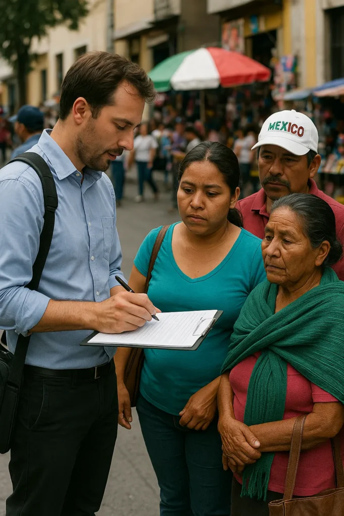 Investigador de mercado realizando encuestas a personas en un mercado mexicano para recopilar datos