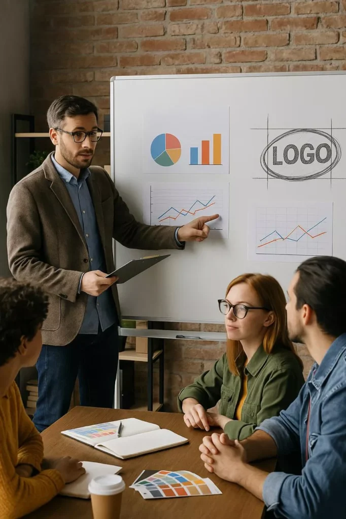 Investigador de mercado presentando gráficos y logos en una pizarra para explicar cómo fortalecer una marca