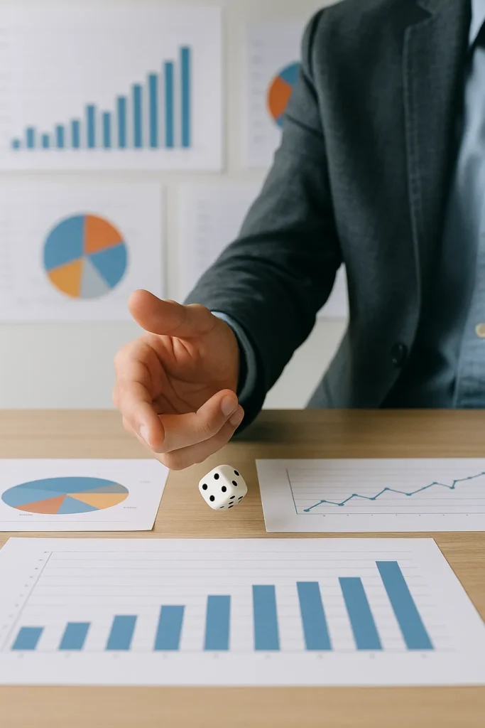 Investigador de mercados lanzando un dado sobre gráficos, simbolizando decisiones al azar frente a decisiones basadas en datos