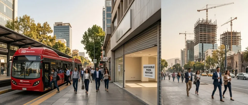 Avenida de Ciudad de México con estación de Metrobús, local disponible y edificios en construcción