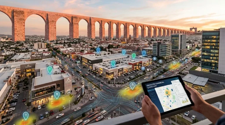 Zona comercial de Querétaro con el Acueducto de Los Arcos al fondo y marcadores de ubicación que representan un estudio de ubicación comercial.