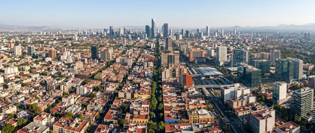 Vista aérea de Ciudad de México con tres zonas resaltadas para comparar su potencial comercial