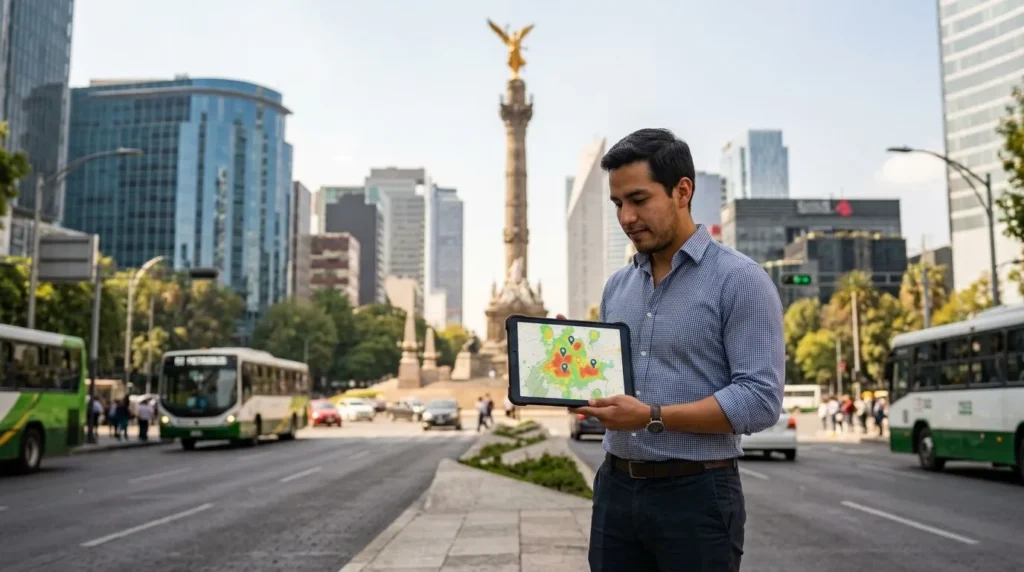 Analista realizando un estudio de ubicación comercial en Ciudad de México frente al Ángel de la Independencia