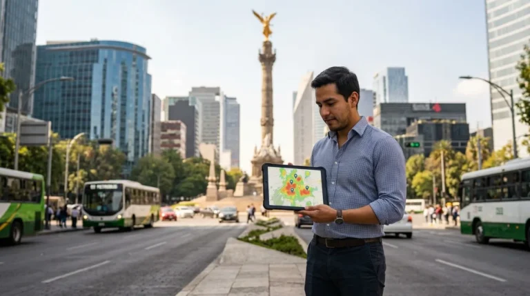 Analista realizando un estudio de ubicación comercial en Ciudad de México frente al Ángel de la Independencia
