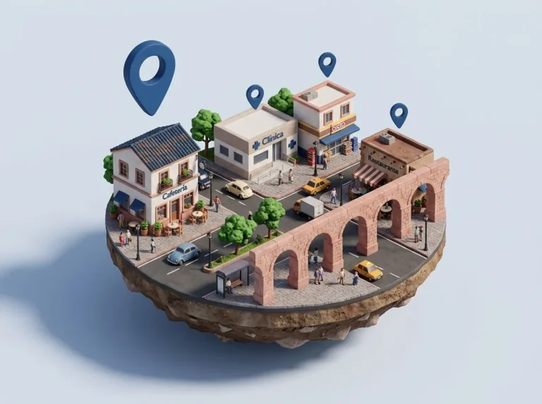 esquina comercial de Querétaro con distintos negocios y marcadores de ubicación.