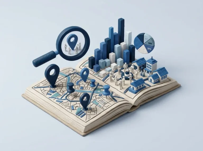 emergen mapas, gráficas y edificios que representan un estudio de ubicación comercial.