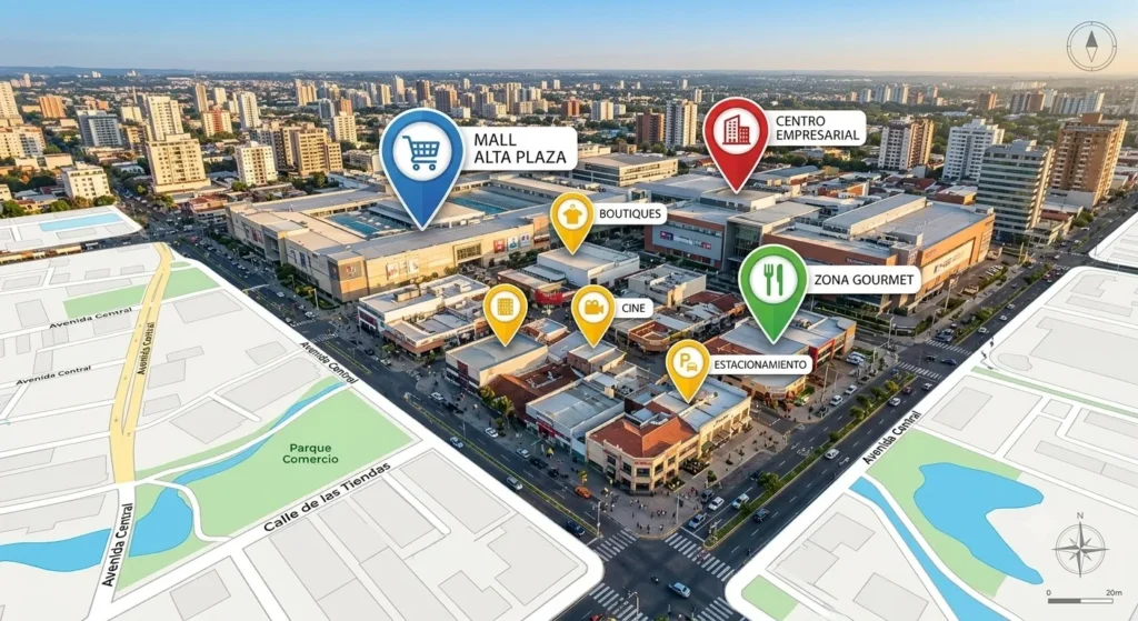 Ubicación comercial de un negocio con centros comerciales, comercios, oficinas y vías de acceso