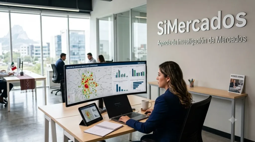Analista de SiMercados revisando datos de ubicación comercial y geomarketing en oficina