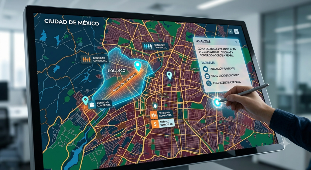 Mapa digital interactivo mostrando análisis de ubicación comercial en Ciudad de México con zonas de densidad comercial en Polanco y Reforma
