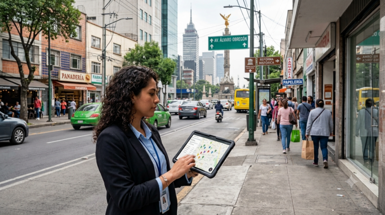 Analista realizando un estudio de ubicación comercial en campo sobre Paseo de la Reforma, Ciudad de México, usando una tablet con mapa de zonas comerciales