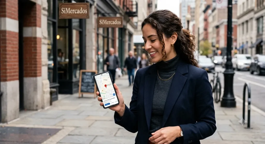 Cliente consultando la ubicación de un negocio en su celular en una zona comercial