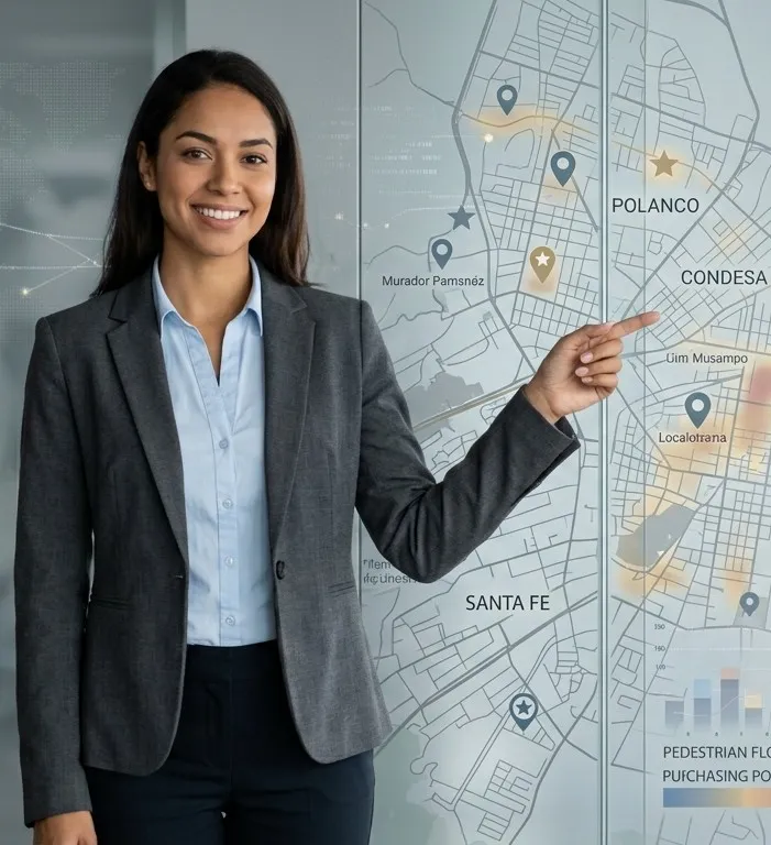Persona ejecutiva señalando para realizar un estudio de ubicación en CDMX