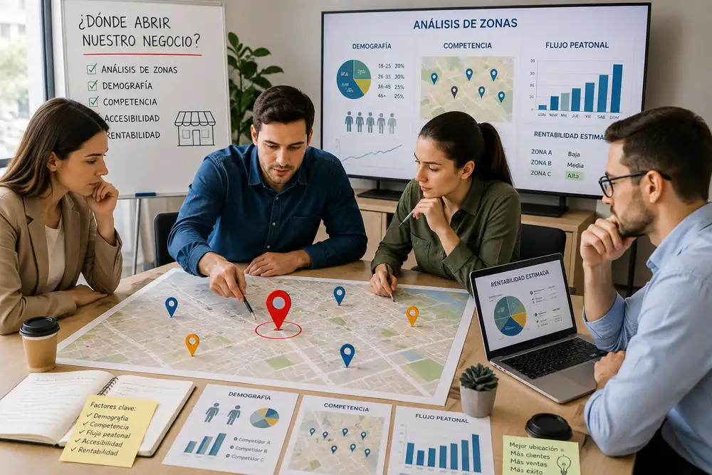 Análisis de ubicación de negocio con datos de geomarketing en mapa comercial